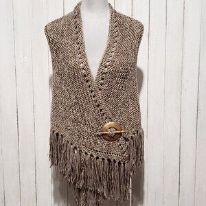 NEW Taupe Hand Knitted Shawl Wrap Scarf Boho Hippie Fringe Artsy Cozy Earthy Mod